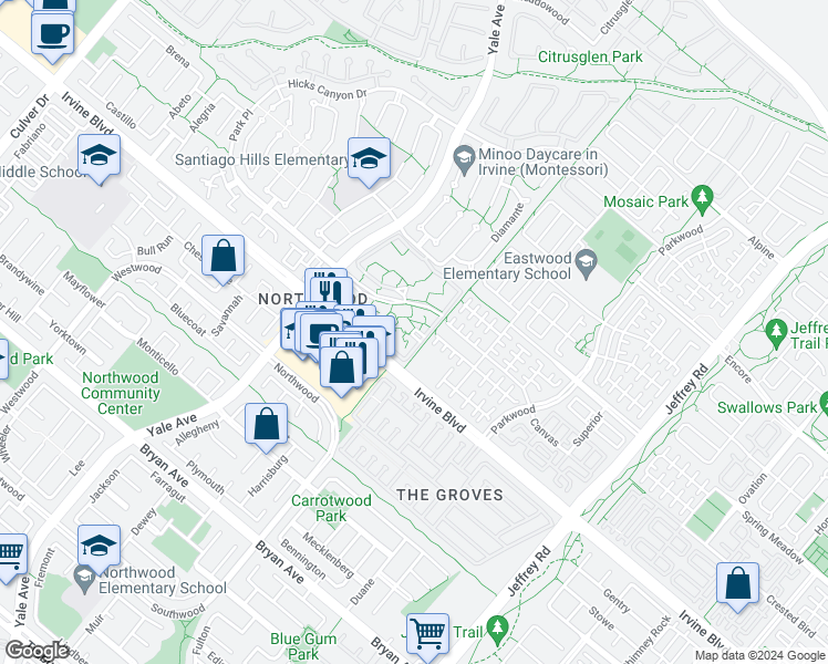map of restaurants, bars, coffee shops, grocery stores, and more near 54 Streamwood in Irvine