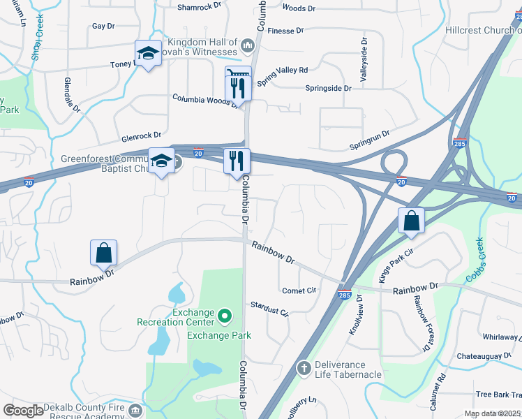 map of restaurants, bars, coffee shops, grocery stores, and more near 2524 Columbia Crossing Court in Decatur
