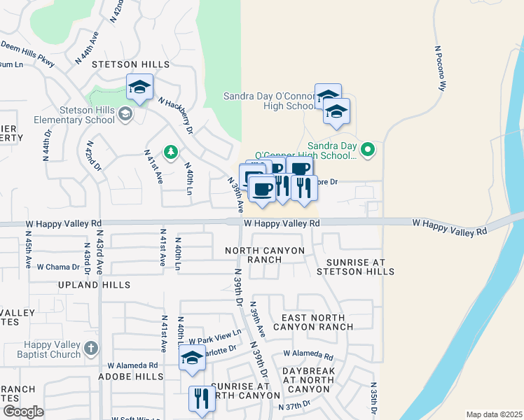map of restaurants, bars, coffee shops, grocery stores, and more near 3860 West Happy Valley Road in Glendale