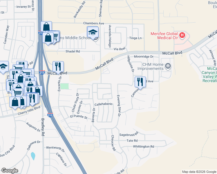 map of restaurants, bars, coffee shops, grocery stores, and more near 27650 Calle Ladera in Menifee