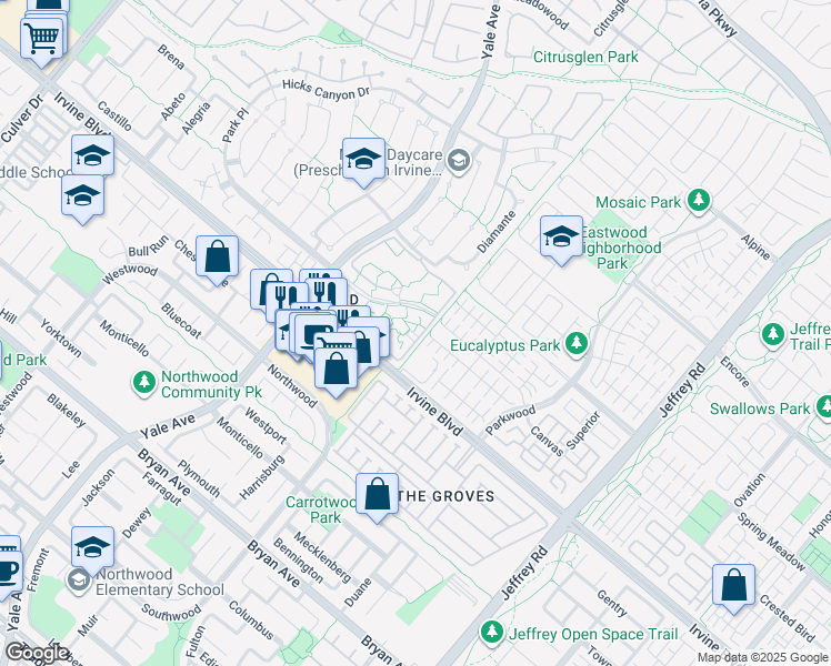 map of restaurants, bars, coffee shops, grocery stores, and more near 51 Streamwood in Irvine