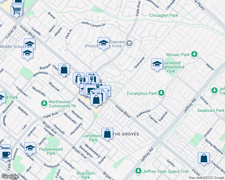 map of restaurants, bars, coffee shops, grocery stores, and more near 65 Streamwood in Irvine