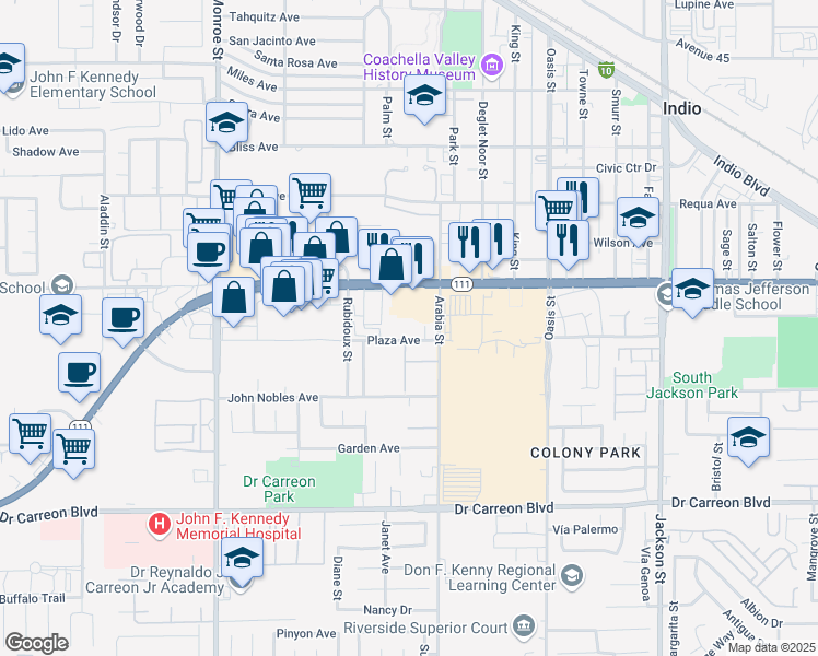 map of restaurants, bars, coffee shops, grocery stores, and more near 82451 California 111 in Indio