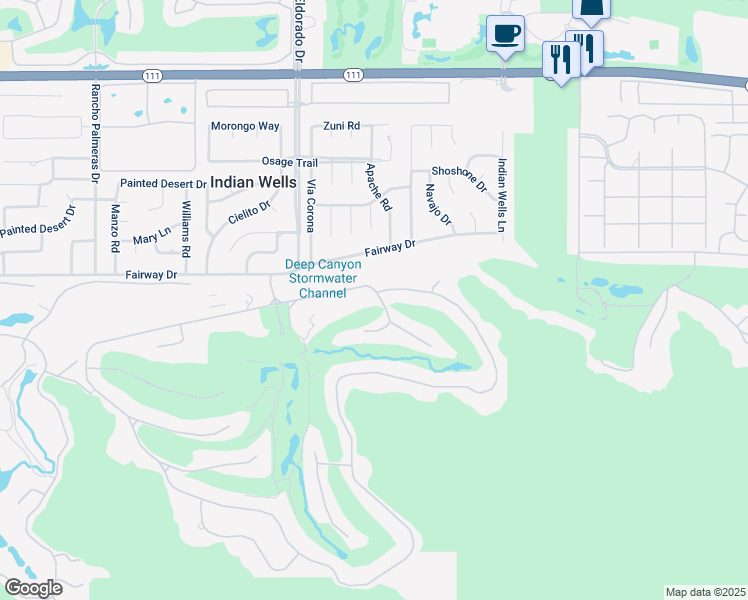 map of restaurants, bars, coffee shops, grocery stores, and more near 46100 East Eldorado Drive in Indian Wells