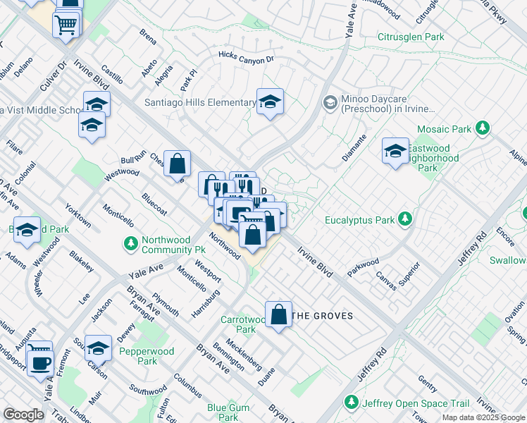 map of restaurants, bars, coffee shops, grocery stores, and more near 227 Springview in Irvine
