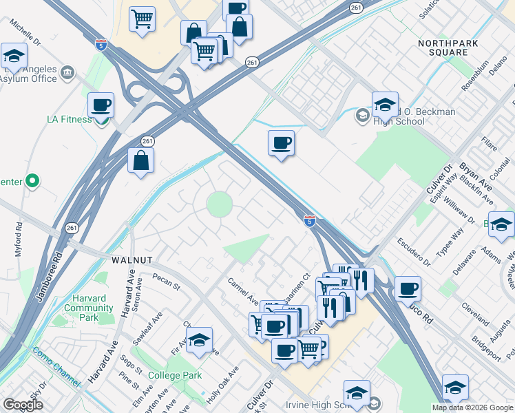 map of restaurants, bars, coffee shops, grocery stores, and more near 17 Georgia in Irvine