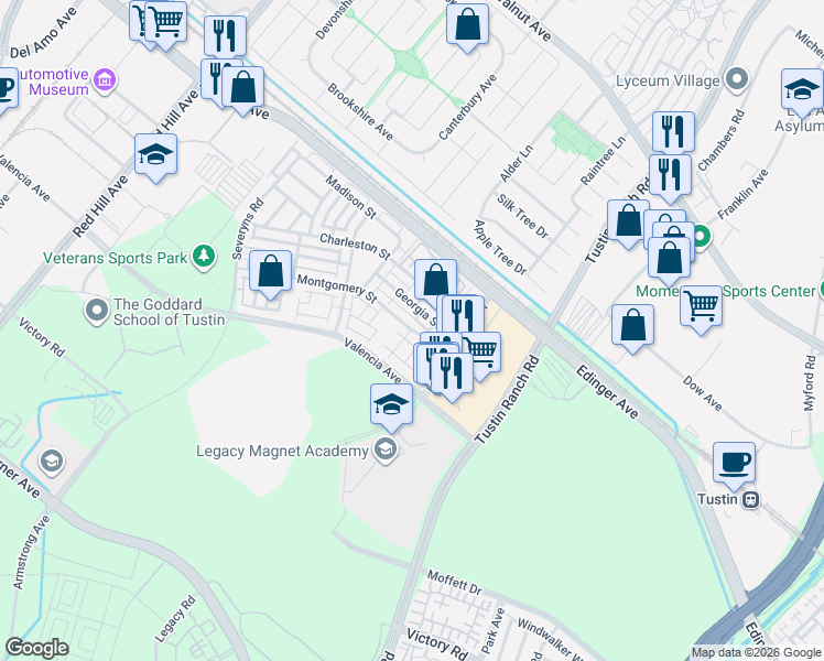 map of restaurants, bars, coffee shops, grocery stores, and more near 1438 Georgia Street in Tustin