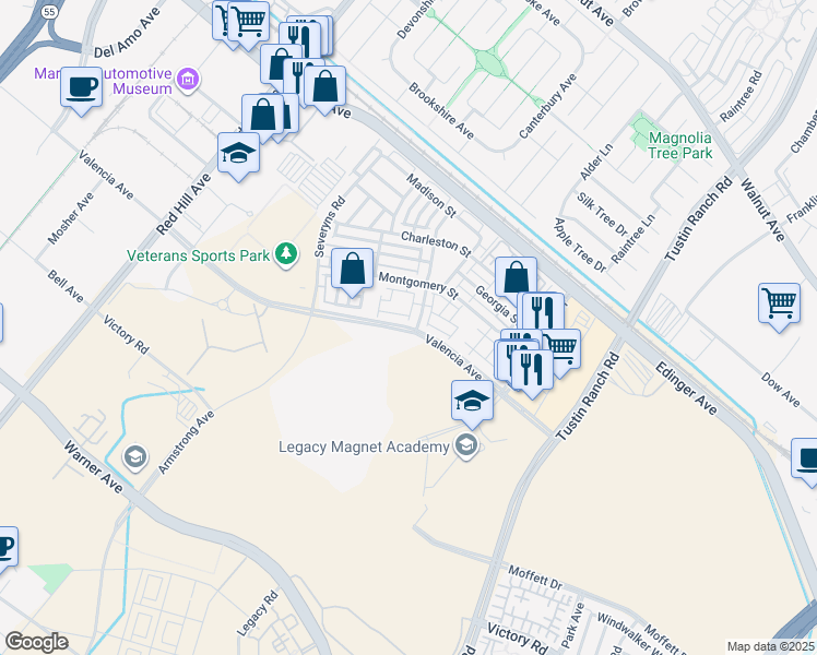 map of restaurants, bars, coffee shops, grocery stores, and more near 15233 Columbus Square in Tustin