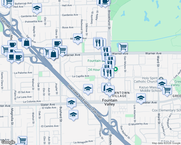 map of restaurants, bars, coffee shops, grocery stores, and more near 17139 Orange Street in Fountain Valley