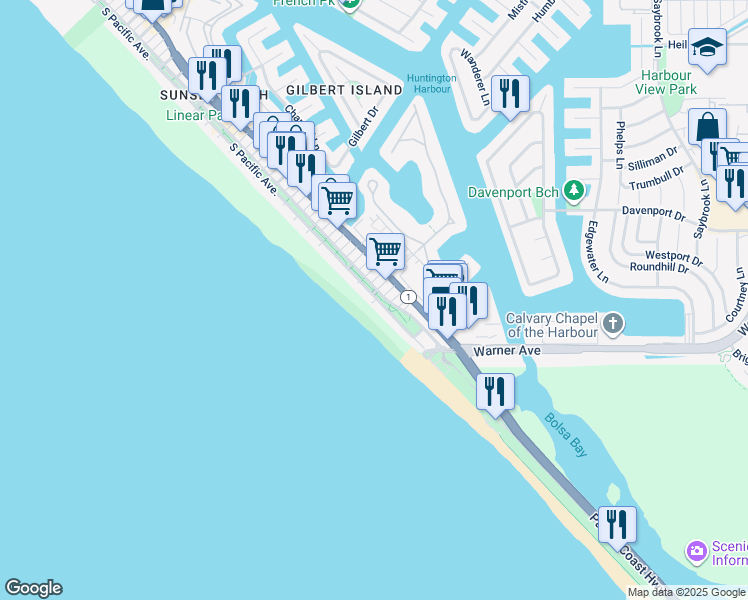 map of restaurants, bars, coffee shops, grocery stores, and more near in Huntington Beach