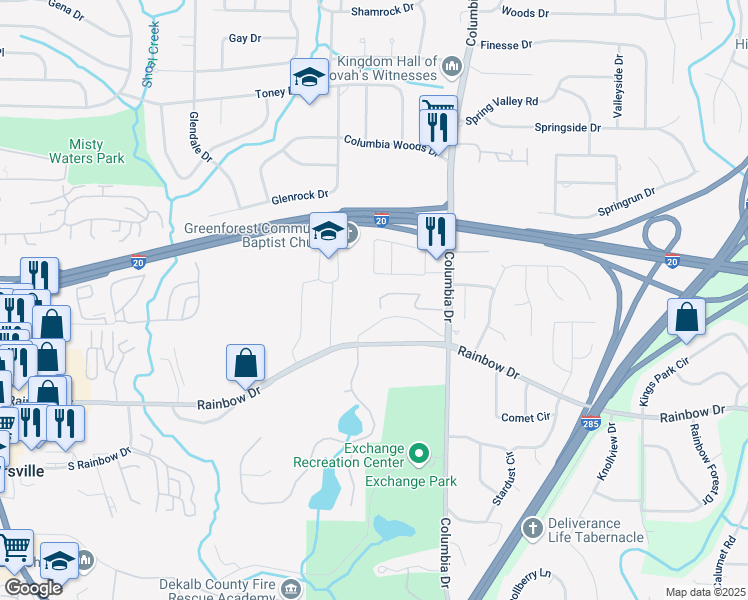 map of restaurants, bars, coffee shops, grocery stores, and more near 3250 Abbeywood Drive in Decatur