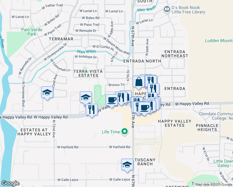 map of restaurants, bars, coffee shops, grocery stores, and more near 6771 West Buckskin Trail in Peoria