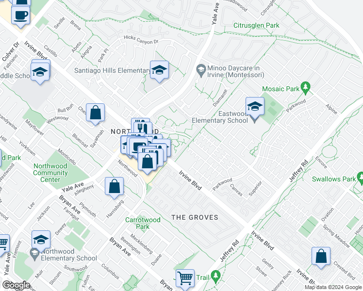 map of restaurants, bars, coffee shops, grocery stores, and more near 54 Streamwood in Irvine