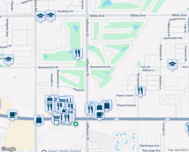 map of restaurants, bars, coffee shops, grocery stores, and more near 80076 Palm Circle Drive in La Quinta