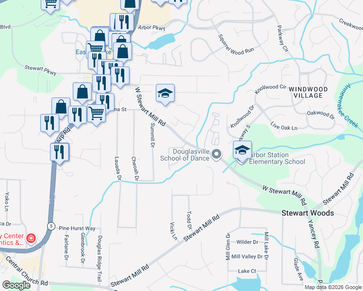 map of restaurants, bars, coffee shops, grocery stores, and more near 5610 Garden Circle in Douglasville
