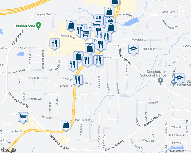 map of restaurants, bars, coffee shops, grocery stores, and more near 5840 Teresa Lane in Douglasville