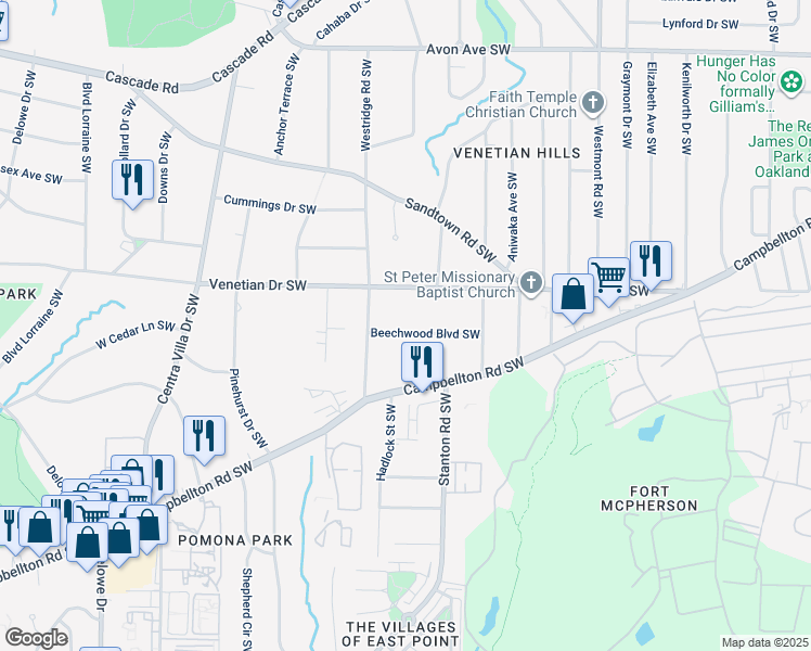 map of restaurants, bars, coffee shops, grocery stores, and more near 1753 Beechwood Boulevard Southwest in Atlanta