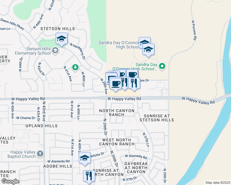 map of restaurants, bars, coffee shops, grocery stores, and more near 3860 West Happy Valley Road in Glendale