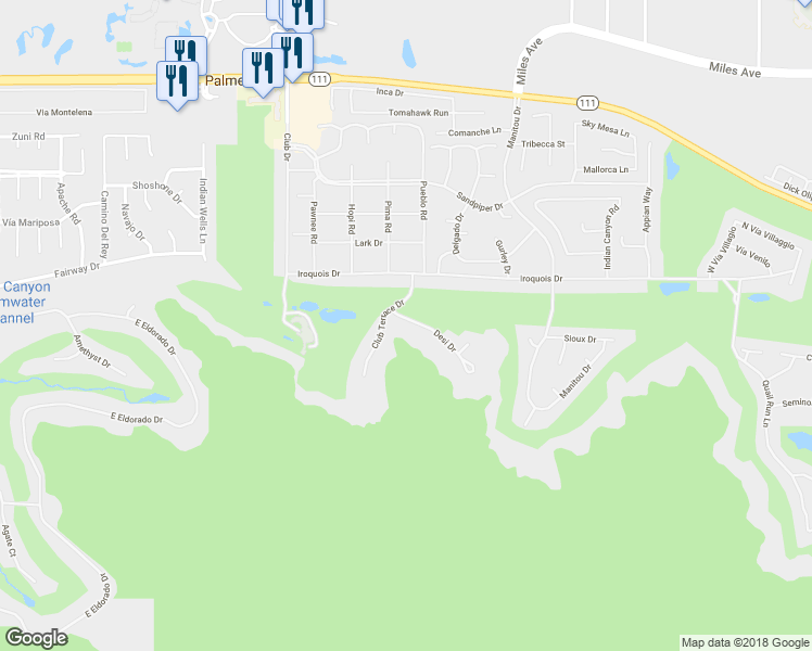 map of restaurants, bars, coffee shops, grocery stores, and more near 76991 Desi Drive in Indian Wells