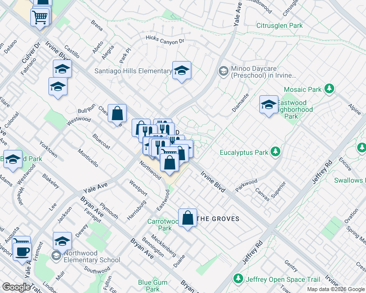 map of restaurants, bars, coffee shops, grocery stores, and more near 186 Streamwood in Irvine
