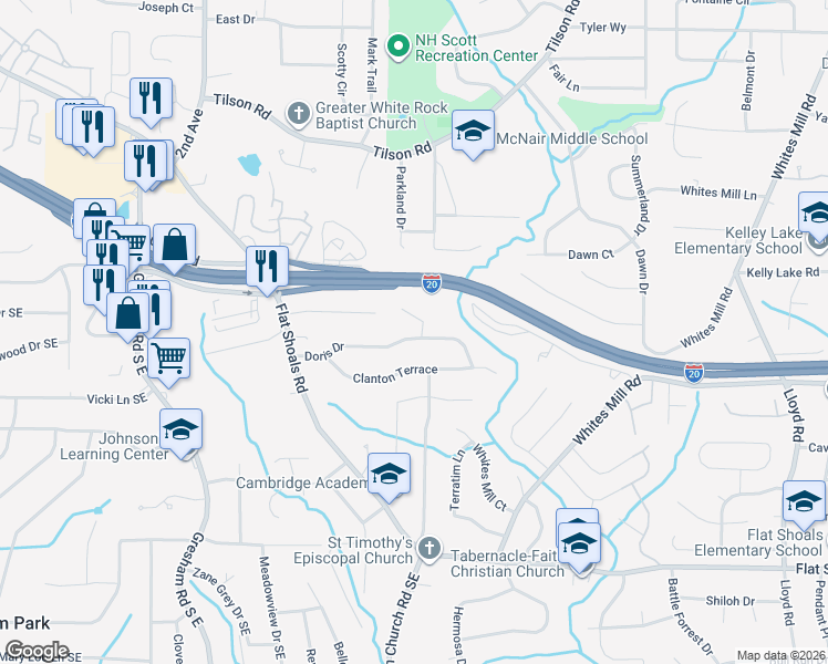 map of restaurants, bars, coffee shops, grocery stores, and more near 2223 Acelia Court in Decatur