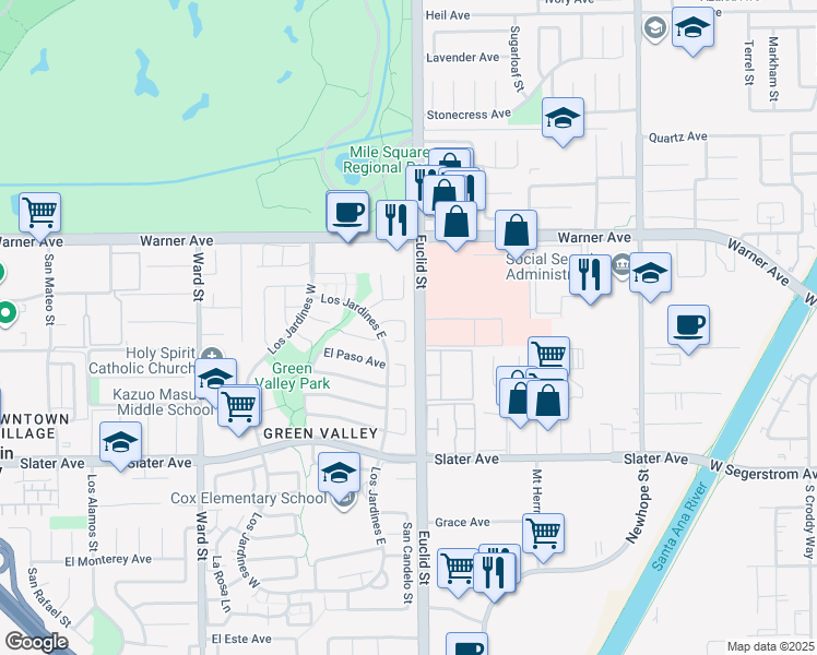 map of restaurants, bars, coffee shops, grocery stores, and more near 17230 San Lorenzo Circle in Fountain Valley