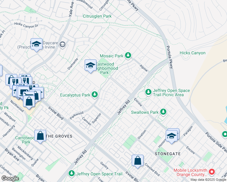 map of restaurants, bars, coffee shops, grocery stores, and more near 67 Brixton in Irvine