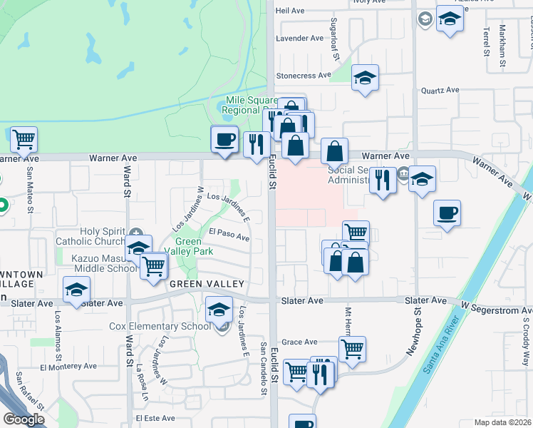 map of restaurants, bars, coffee shops, grocery stores, and more near 17230 San Lorenzo Circle in Fountain Valley