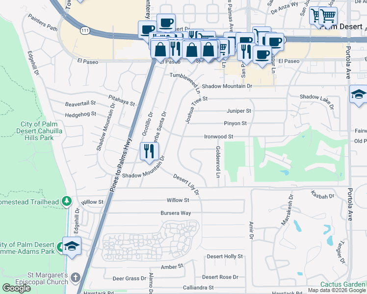 map of restaurants, bars, coffee shops, grocery stores, and more near 73009 Joshua Tree Street in Palm Desert