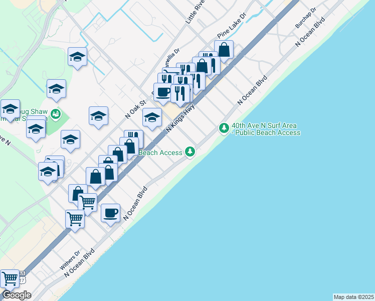 map of restaurants, bars, coffee shops, grocery stores, and more near 403 38th Avenue North in Myrtle Beach