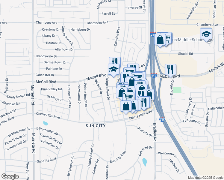 map of restaurants, bars, coffee shops, grocery stores, and more near 28026 Winged Foot Drive in Menifee