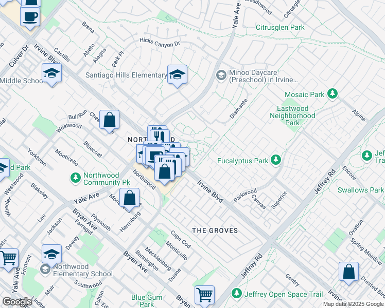 map of restaurants, bars, coffee shops, grocery stores, and more near 146 Streamwood in Irvine