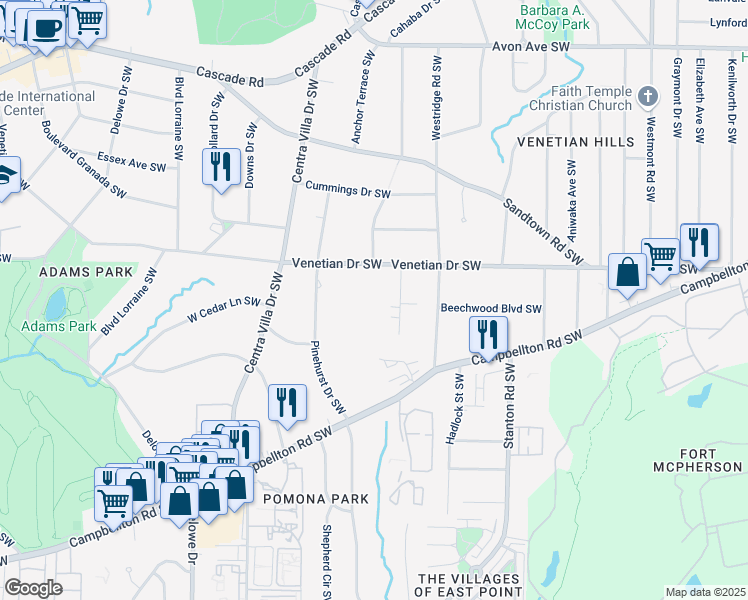 map of restaurants, bars, coffee shops, grocery stores, and more near 1910 Venetian Drive Southwest in Atlanta