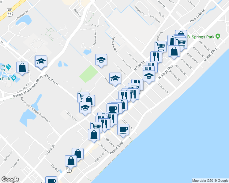 map of restaurants, bars, coffee shops, grocery stores, and more near 521 33rd Avenue North in Myrtle Beach