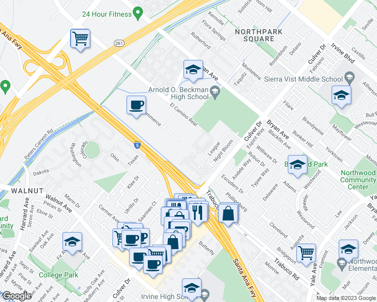 map of restaurants, bars, coffee shops, grocery stores, and more near 99 Trailing Vine in Irvine