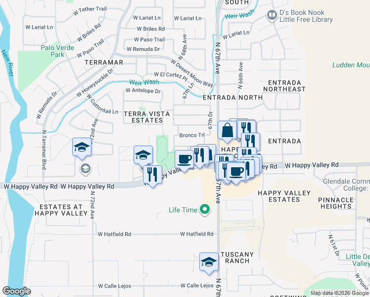 map of restaurants, bars, coffee shops, grocery stores, and more near 6804 West Buckskin Trail in Peoria