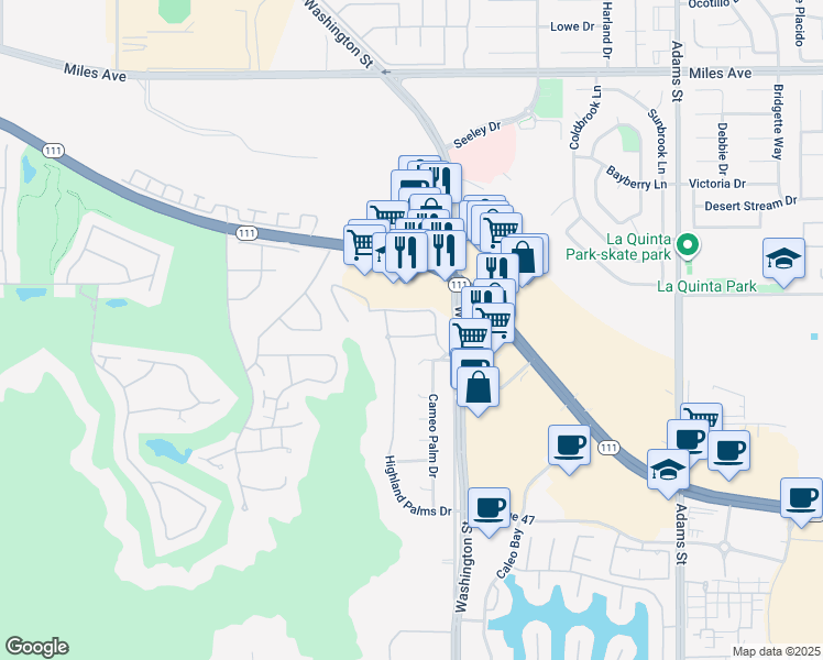 map of restaurants, bars, coffee shops, grocery stores, and more near 78420 Heritage Way in La Quinta
