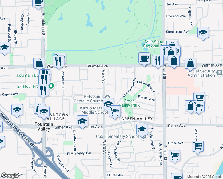 map of restaurants, bars, coffee shops, grocery stores, and more near 10552 El Manzano Avenue in Fountain Valley