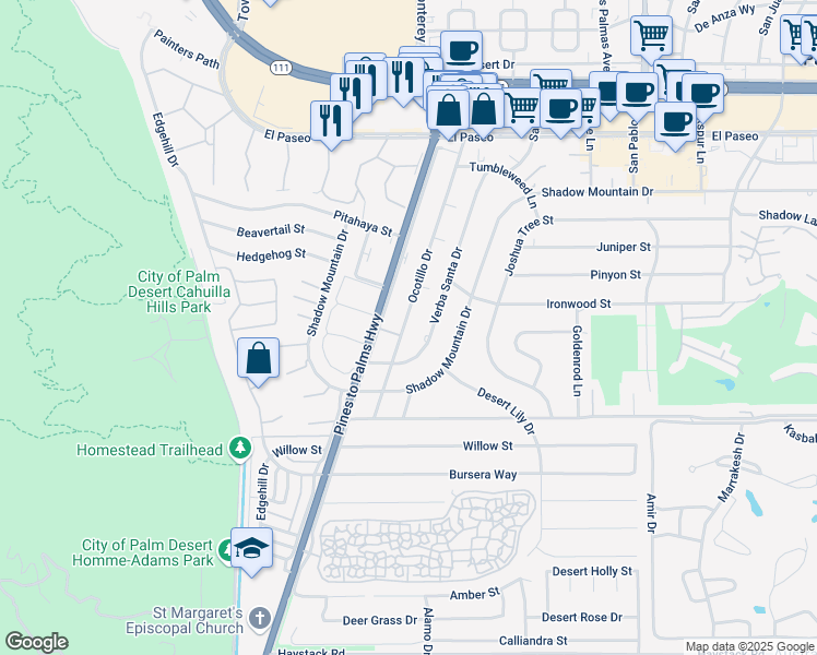 map of restaurants, bars, coffee shops, grocery stores, and more near 46100 Ocotillo Drive in Palm Desert