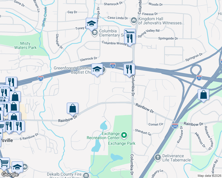 map of restaurants, bars, coffee shops, grocery stores, and more near 3262 Abbeywood Drive in Decatur
