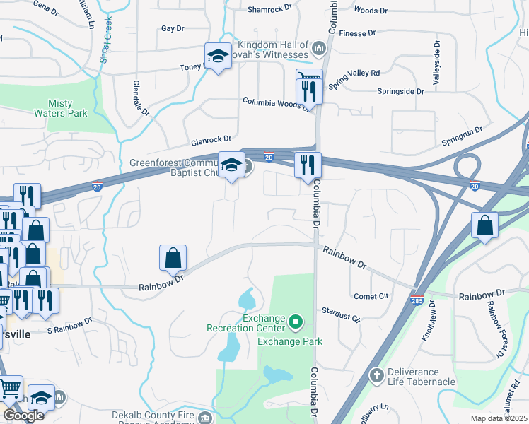 map of restaurants, bars, coffee shops, grocery stores, and more near 3252 Abbeywood Drive in Decatur