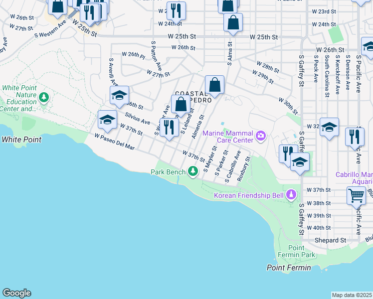 map of restaurants, bars, coffee shops, grocery stores, and more near 3677 South Leland Street in Los Angeles