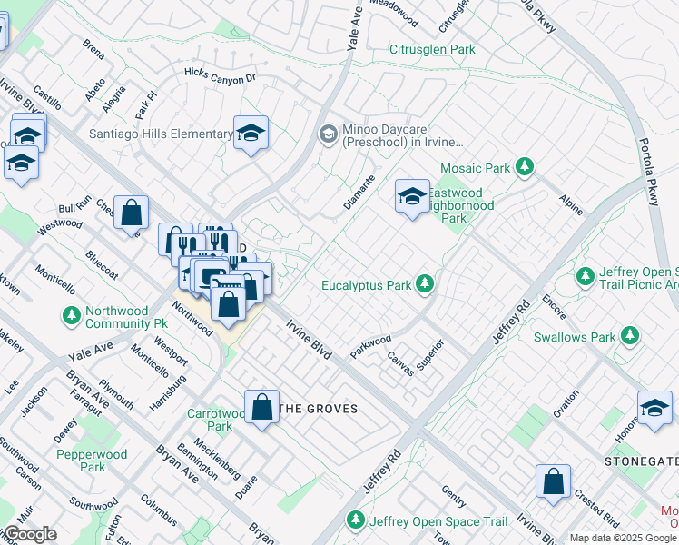 map of restaurants, bars, coffee shops, grocery stores, and more near 120 Charcoal in Irvine