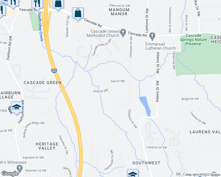 map of restaurants, bars, coffee shops, grocery stores, and more near 3230 Key Drive Southwest in Atlanta