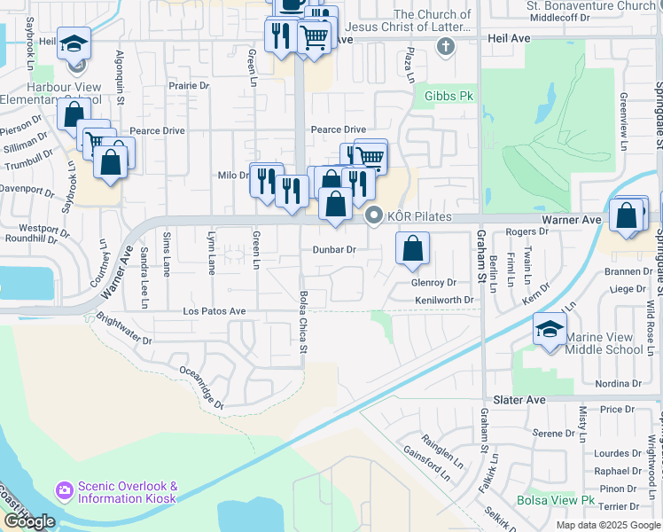 map of restaurants, bars, coffee shops, grocery stores, and more near 17202 Corbina Lane in Huntington Beach