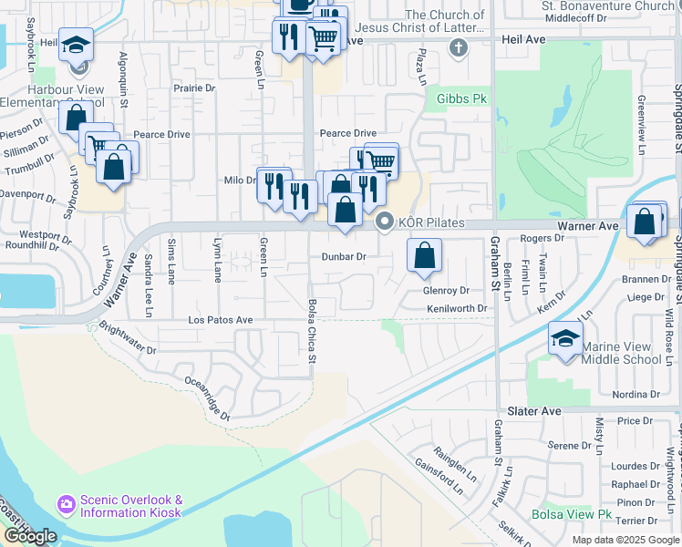 map of restaurants, bars, coffee shops, grocery stores, and more near 5145 Tortuga Drive in Huntington Beach