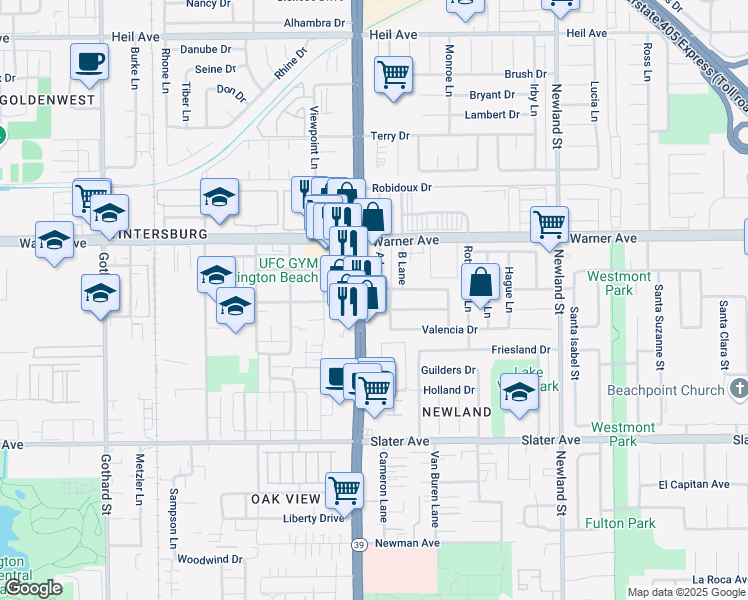 map of restaurants, bars, coffee shops, grocery stores, and more near 17101 A Lane in Huntington Beach
