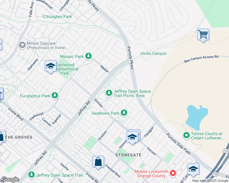 map of restaurants, bars, coffee shops, grocery stores, and more near 62 Walden in Irvine