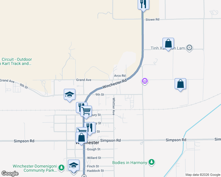 map of restaurants, bars, coffee shops, grocery stores, and more near 28109 Whittier Avenue in Winchester