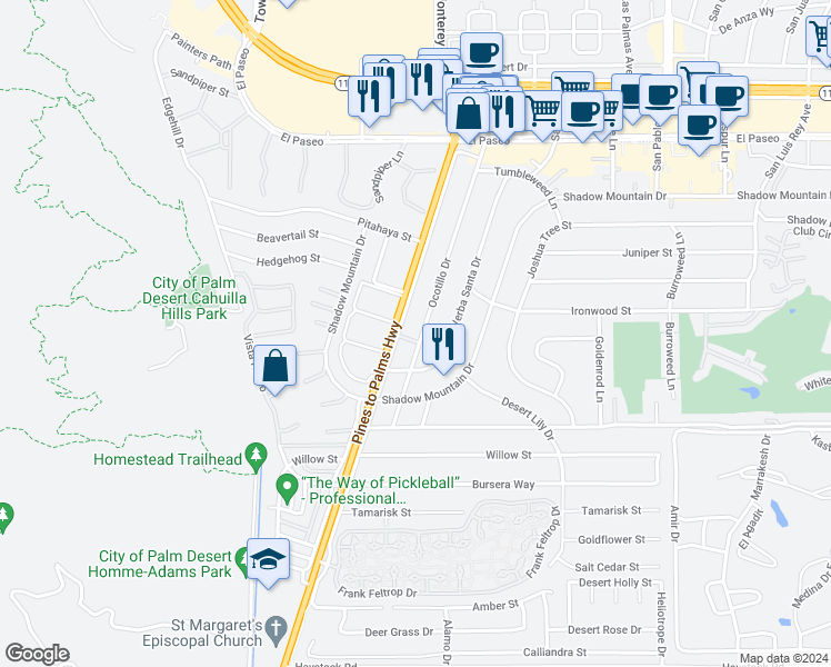 map of restaurants, bars, coffee shops, grocery stores, and more near 46020 California 74 in Palm Desert